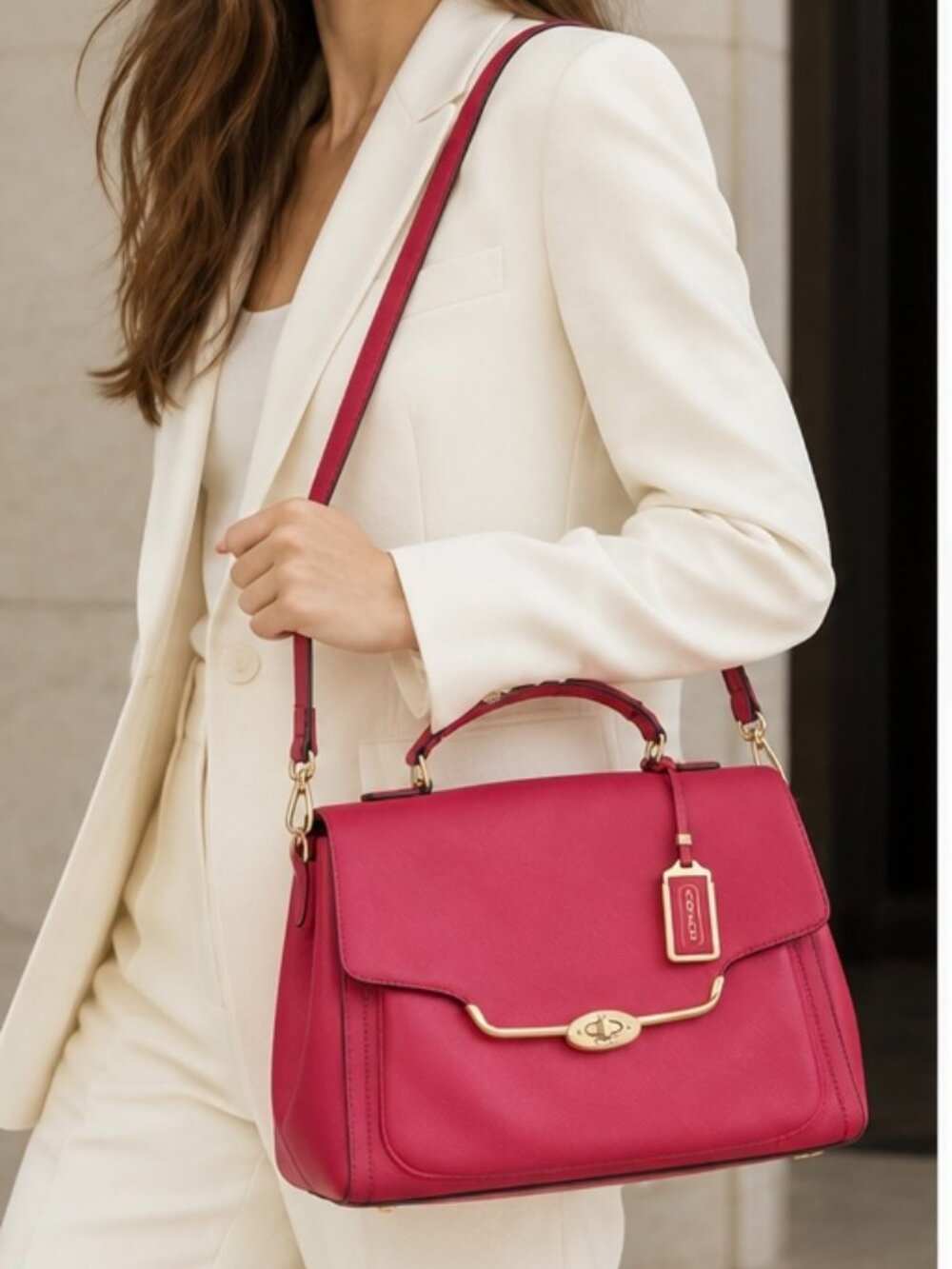 Coach Madison Sadie Flap Satchel Saffiano Leather Pink Red 25167 NWOT